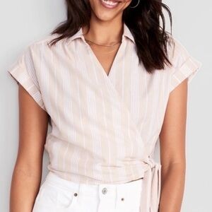 NWT Old Navy Wrap-Front Cropped Oxford Sarong Nautical Stripe Top Size XL
